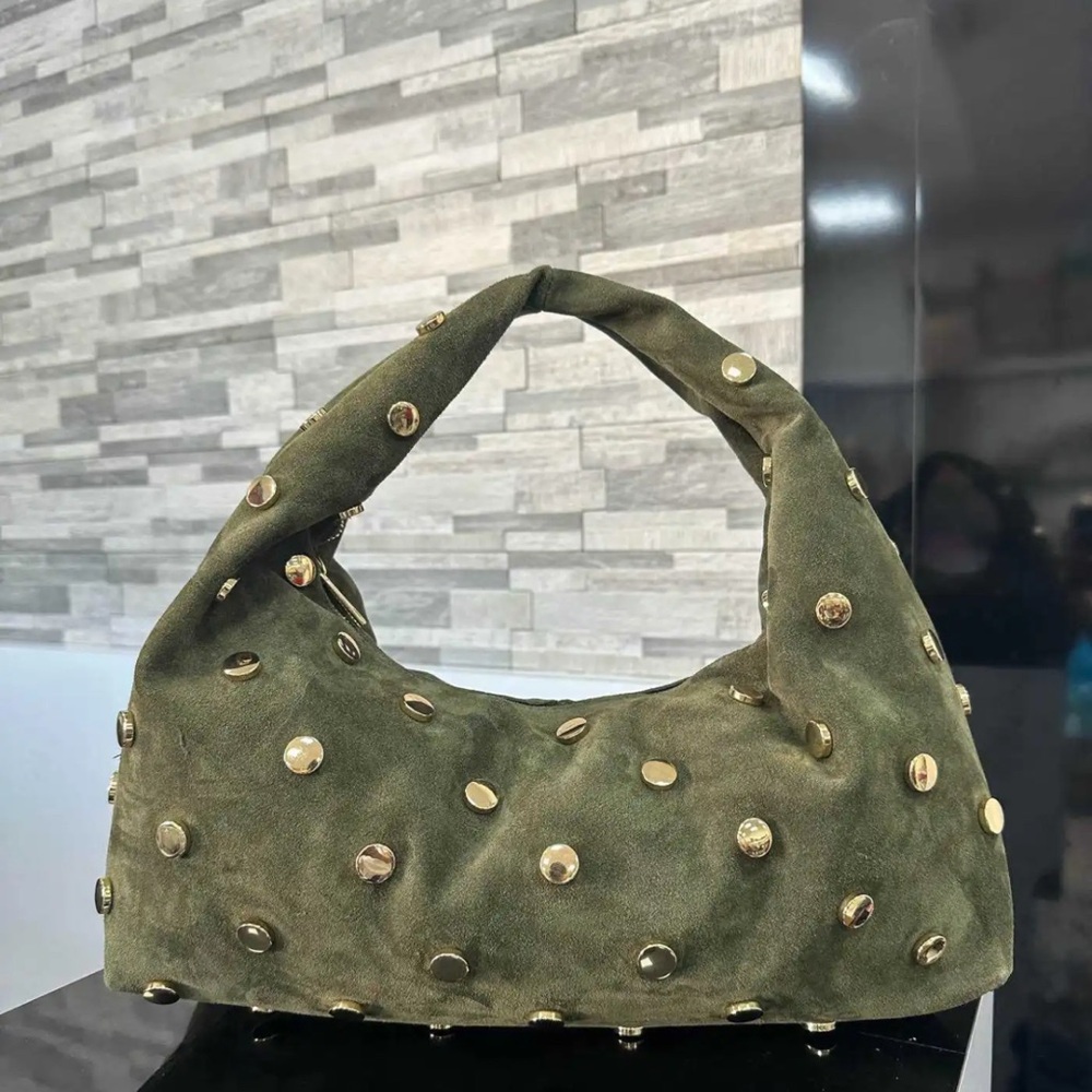 Elegant Olive Green Hobo Shoulder Bag in Genuine Suede Leather - Made in Italy - Picture 6 of 8